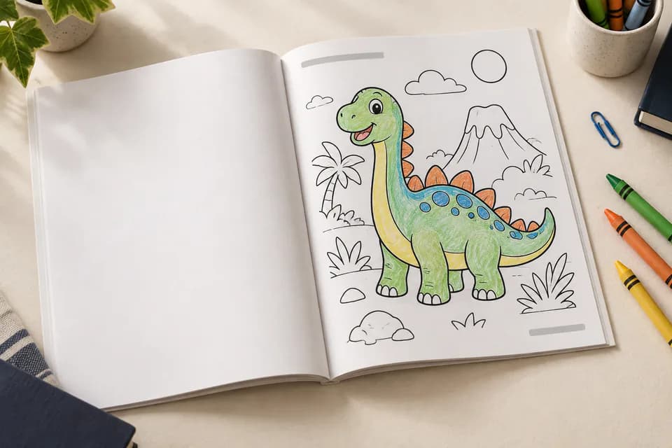 An open kids' coloring book on a desk, showing a sample interior spread