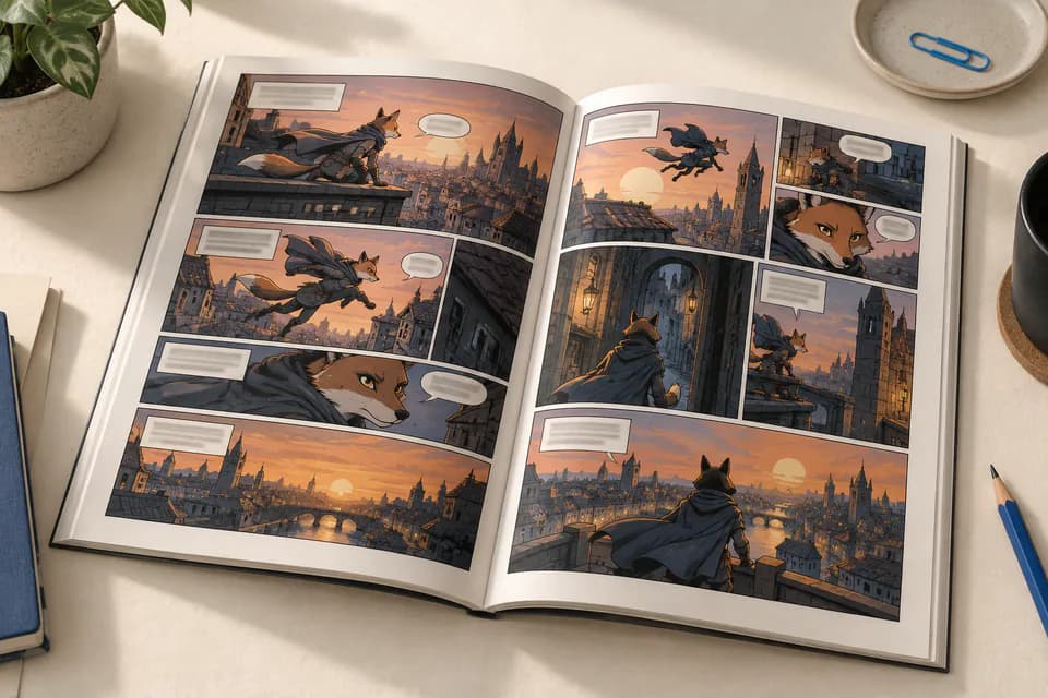 An open comic & graphic novel on a desk, showing a sample interior spread