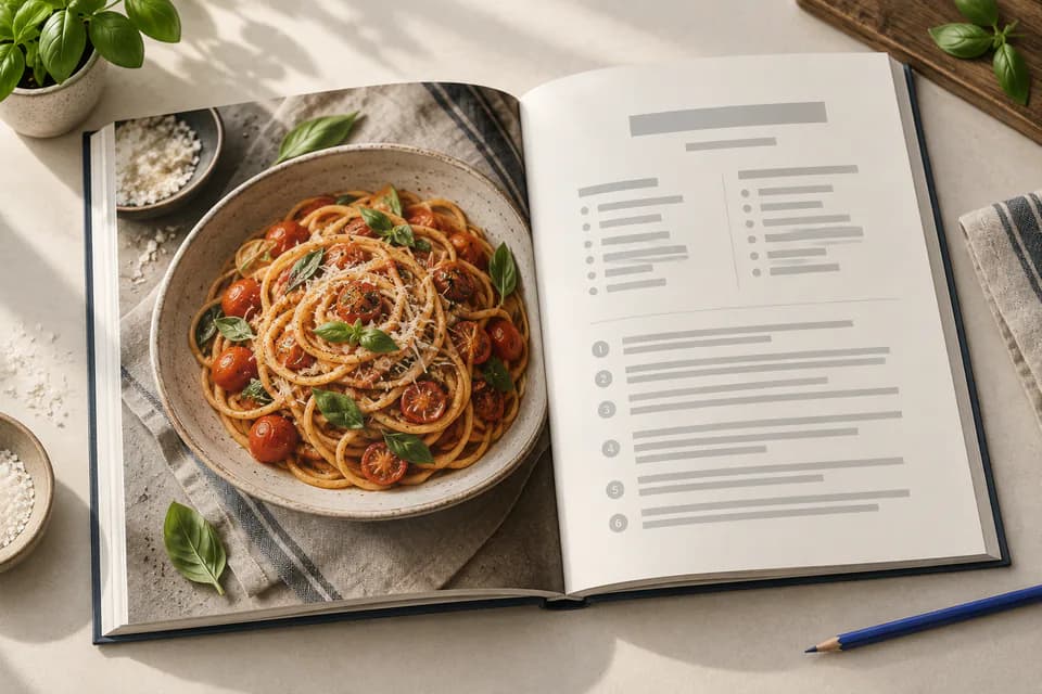 An open cookbook on a desk, showing a sample interior spread