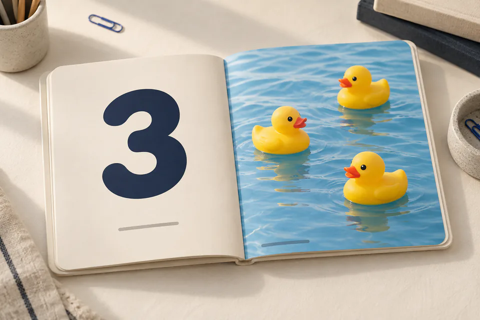 Printed counting book made with kdpbook.io, lying open on a desk