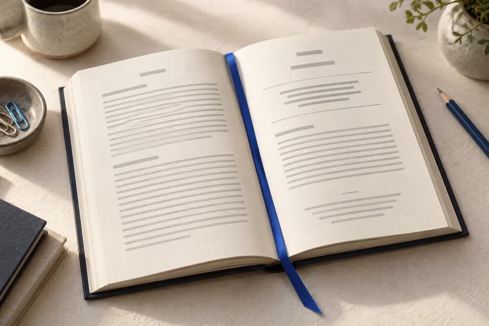 An open devotional on a desk, showing a sample interior spread