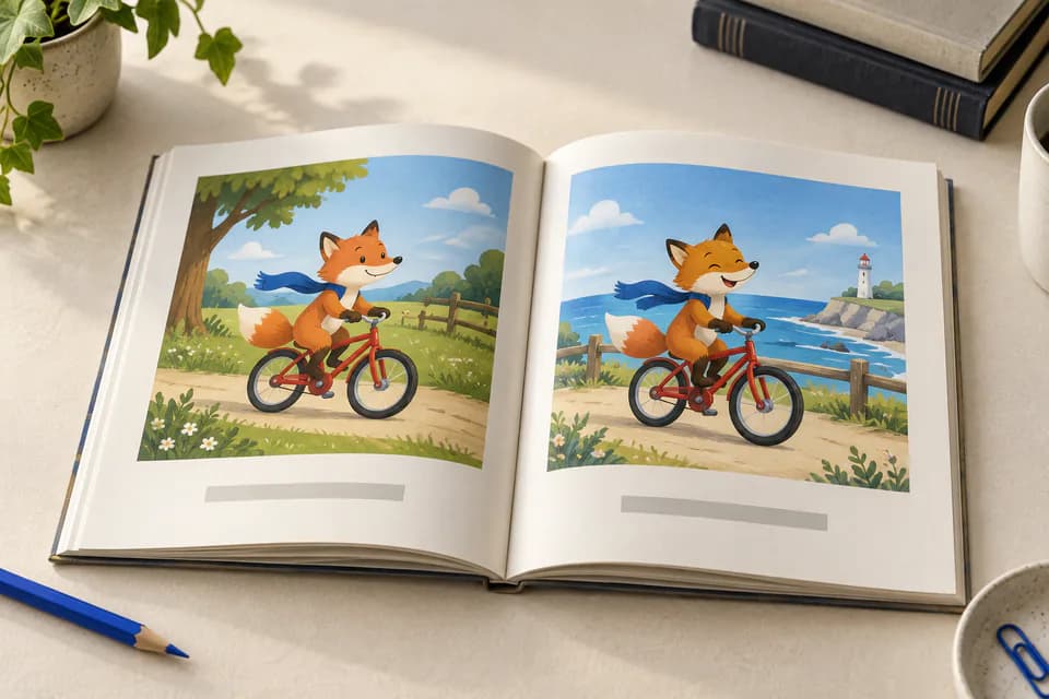 An open early reader on a desk, showing a sample interior spread
