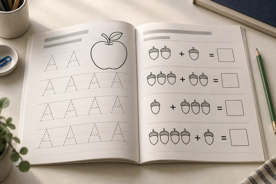 An open educational workbook on a desk, showing a sample interior spread