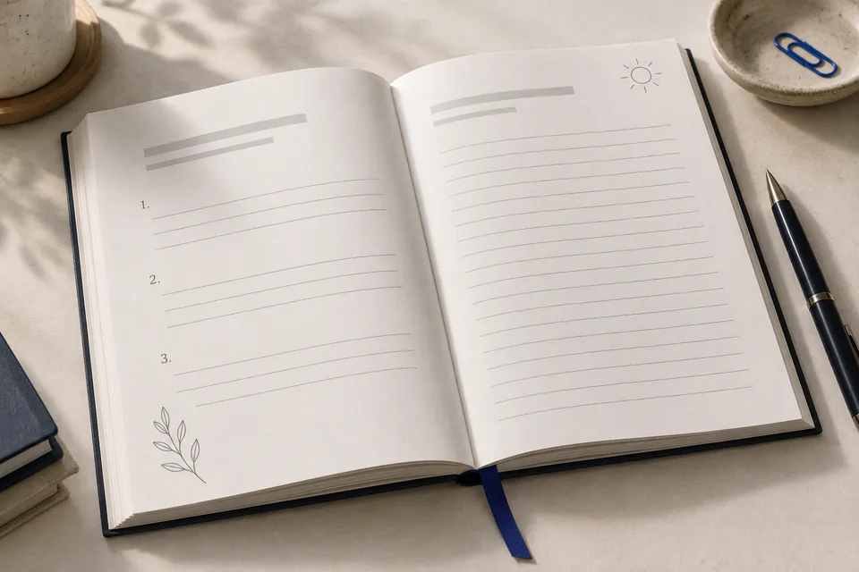 Printed gratitude journal made with kdpbook.io, lying open on a desk