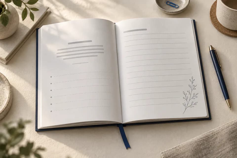 An open guided journal on a desk, showing a sample interior spread