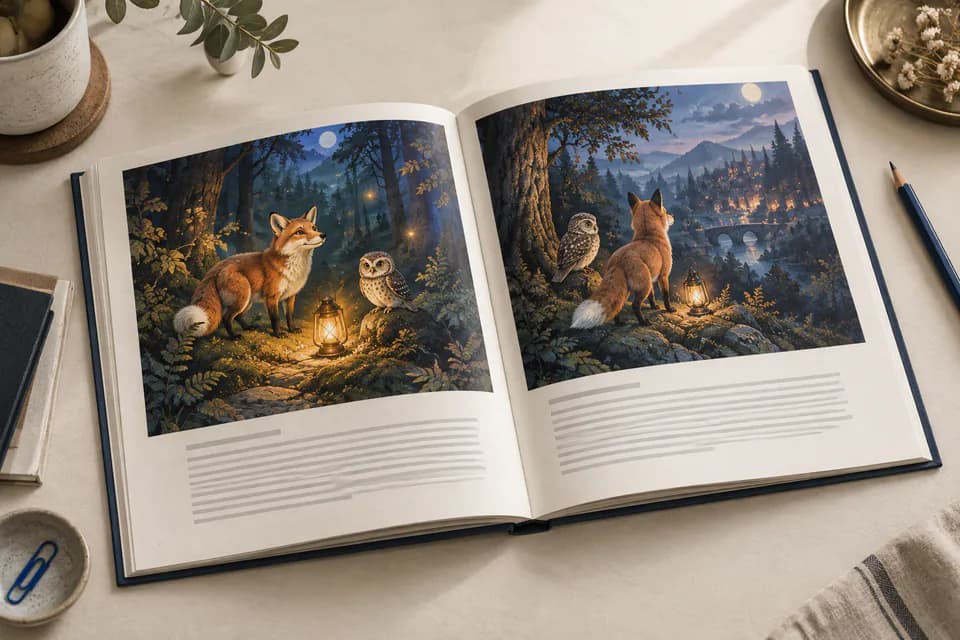An open illustrated storybook on a desk, showing a sample interior spread