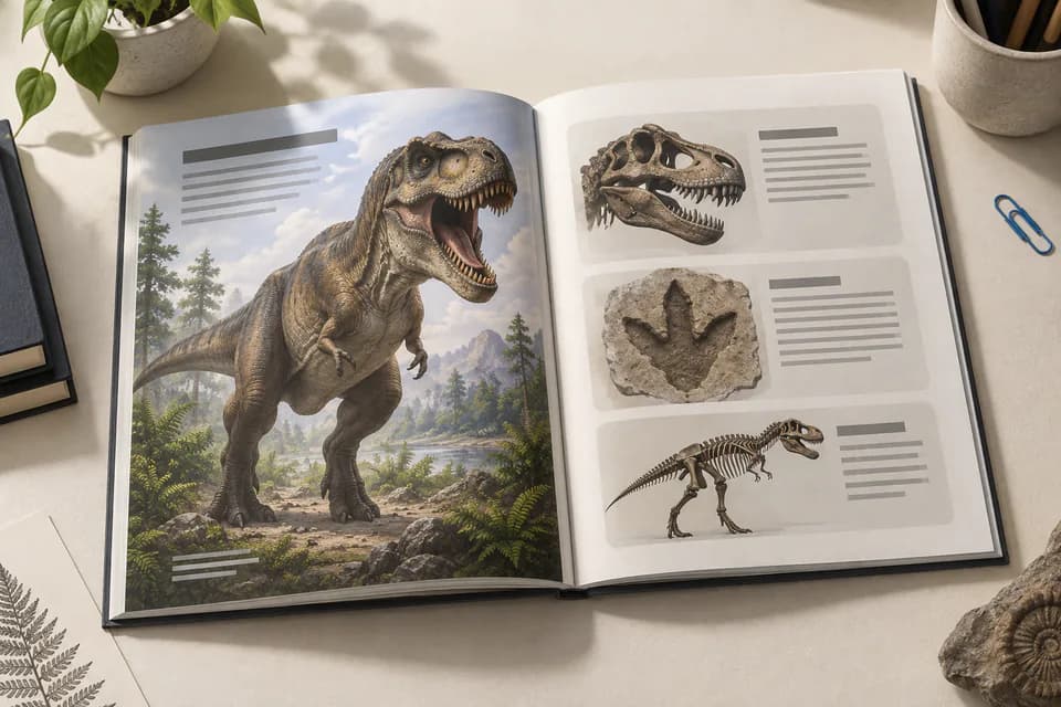 An open kids' fact book on a desk, showing a sample interior spread