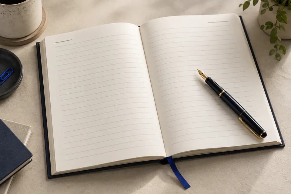 An open lined notebook on a desk, showing a sample interior spread