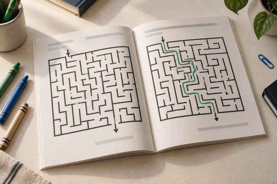 Printed maze book for kids made with kdpbook.io, lying open on a desk