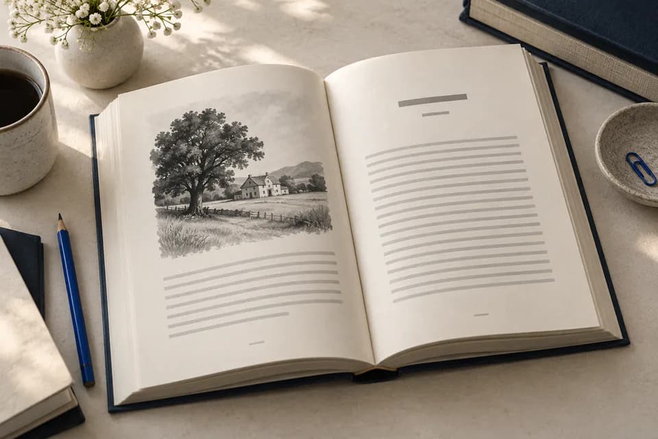 An open memoir & family history on a desk, showing a sample interior spread