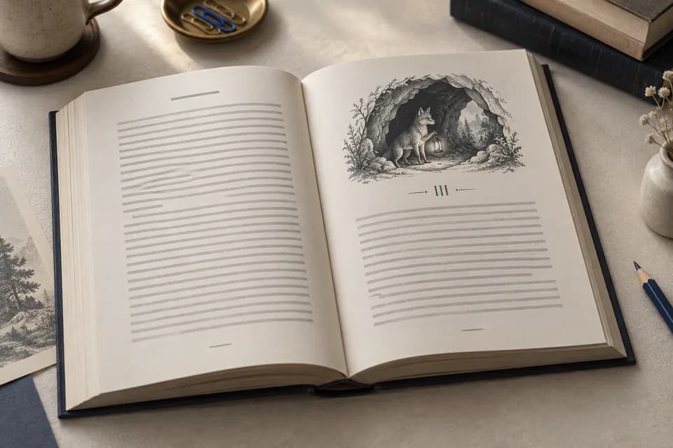 An open middle-grade novel on a desk, showing a sample interior spread