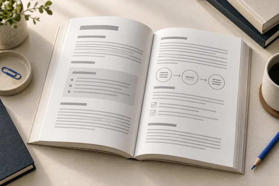 An open non-fiction guide on a desk, showing a sample interior spread