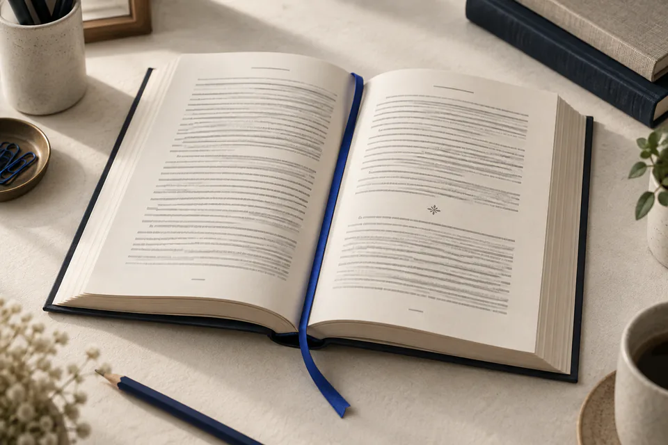 An open novel on a desk, showing a sample interior spread