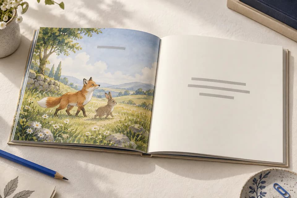 An open picture book on a desk, showing a sample interior spread