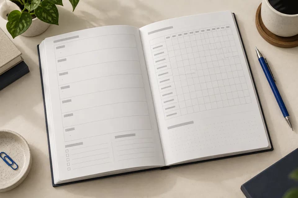 An open planner & logbook on a desk, showing a sample interior spread