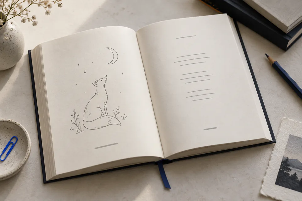 An open poetry collection on a desk, showing a sample interior spread