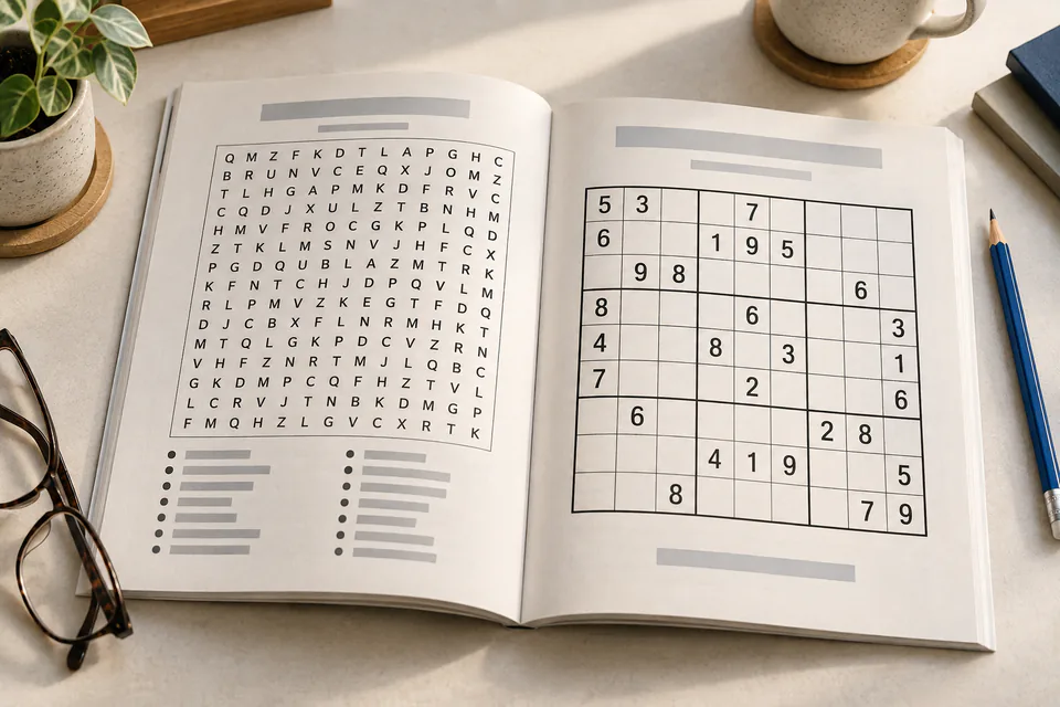 An open puzzle book on a desk, showing a sample interior spread