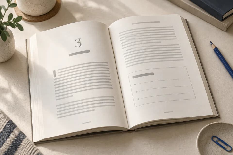 An open self-help book on a desk, showing a sample interior spread