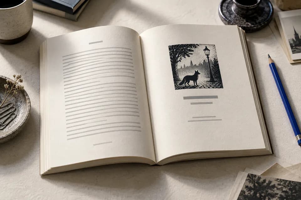 An open novella & short stories on a desk, showing a sample interior spread