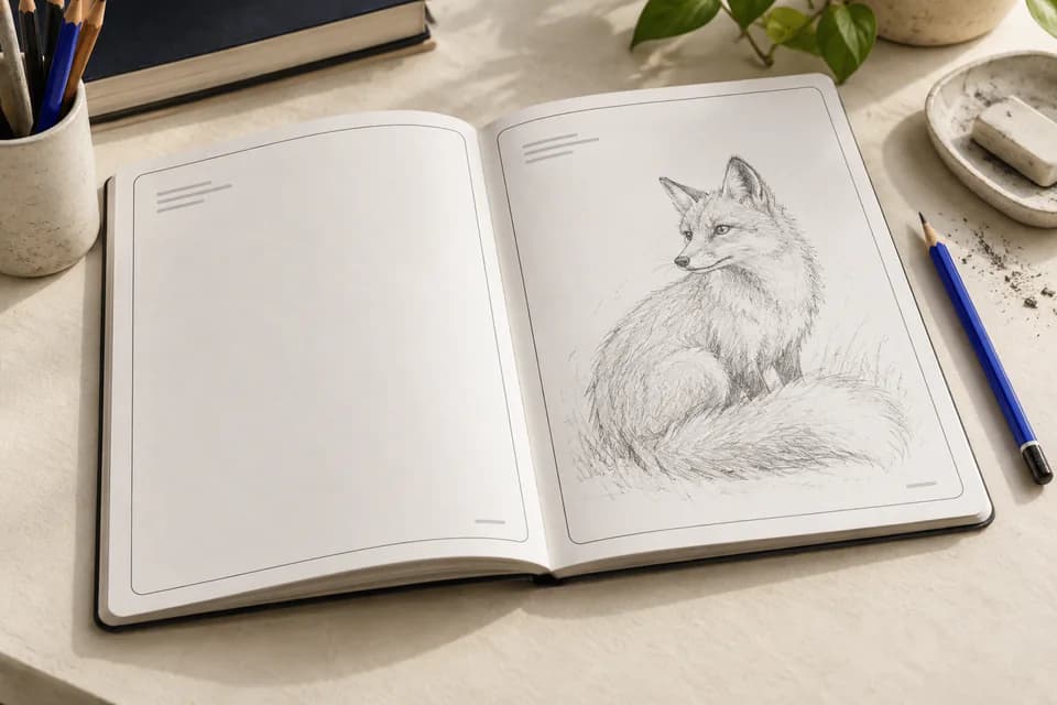 Printed sketchbook made with kdpbook.io, lying open on a desk