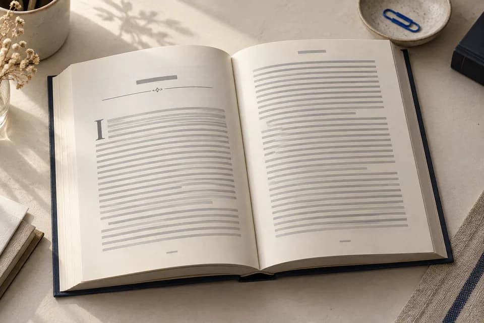 An open young adult novel on a desk, showing a sample interior spread