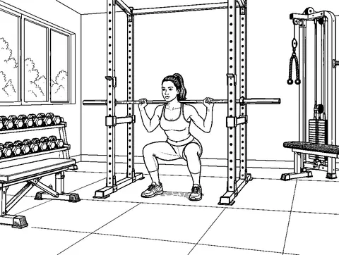 Rehearsing movement in a rack with safety catches set at chest level.