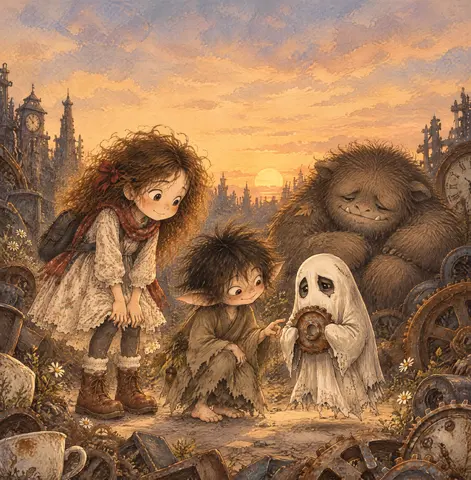 Cover of Nora and Satori: The Monsters of Junkyard Square, a picture book by Sora Yokai Studio