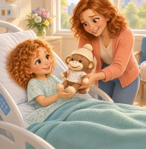 Amelia stretched her arms toward the monkey, and her mom carefully placed him in her lap.