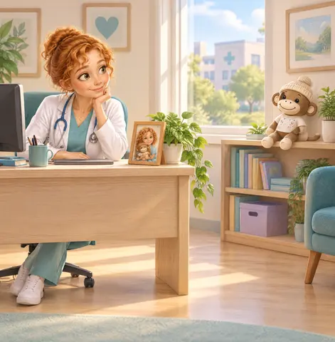 Dr. Amelia Mae sits at her desk, staring across the room at her favorite stuffed monkey. Confetti.