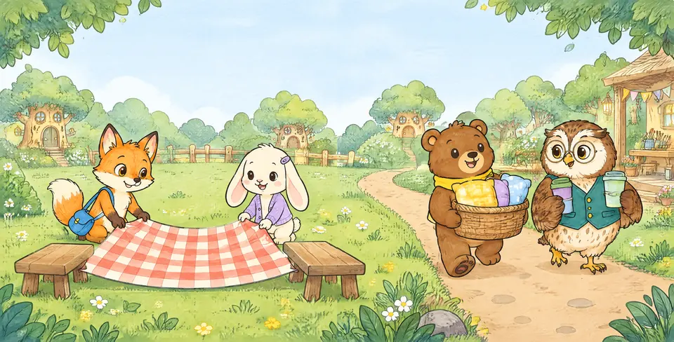 Milo, a curious fox, spread his picnic cloth. “A den for all four!” Luna, his bunny friend, held one corner.