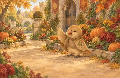 Siggy the Gardener arranged autumn flowers beside the castle gates. Red leaves, golden berries, and little orange pumpkins…