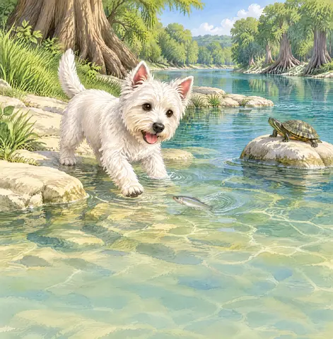 Cool water tickled Olly’s toes, and a little fish slipped past his paws.