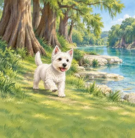 Olly, a West Highland Terrier, loved the Guadalupe River’s giant cypress trees.