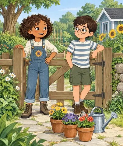 Garden Gate Welcome Find the three flowerpots beside Nell and Otis.