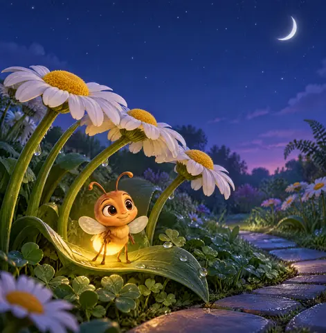 Beneath the sleepy daisies, Little Firefly wakes.