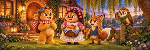 Deep in Willow Wood, tall trees shelter a cosy cottage. At dusk, lanterns glow beside its crooked chimney. Boris the bear…