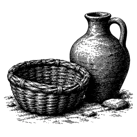 A small reed basket resting beside an earthenware jar.
