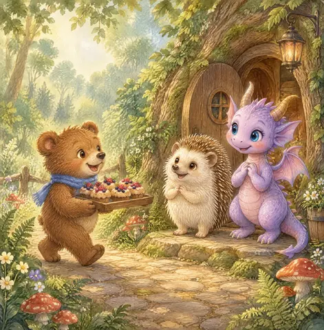 “Picnic!” called Barnaby, carrying berry cakes to Hazel’s door.