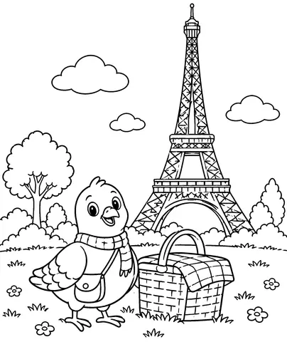 Eiffel Tower Visit Color the tower, Nilo, and the picnic bag.