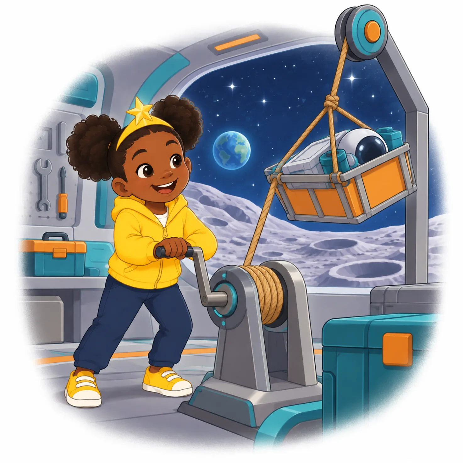 Imani tests her lifting basket.