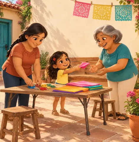 “Come make flowers!” Maya called, offering the neighbour folded paper.
