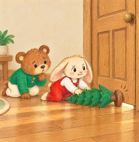 Lison couche le sapin et pousse avec précaution. Toc ! Son pied bute contre la porte,