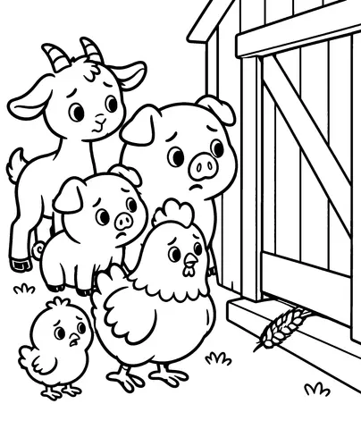 Devant la grange Colorie les animaux et montre le tout petit poussin.