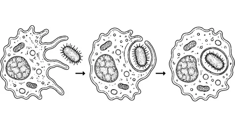 An immune cell engulfs a bacterium into an internal compartment.