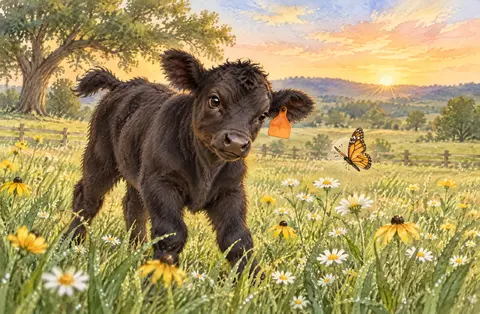 Morning peeked over the pasture green, The prettiest sunrise Baylor had seen. A little black calf stretched up tall, Then…