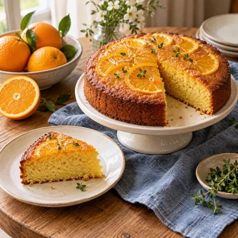 A tender wedge of golden orange olive oil cake beside the round.