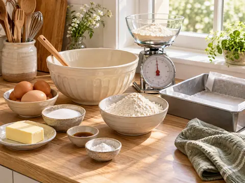 Essential tools and measured ingredients ready on the baking counter.