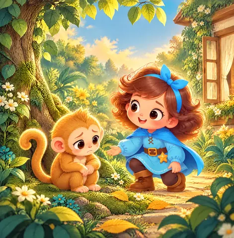 Meeting the Lost Little Monkey Stella finds a small golden monkey under a leafy tree, looking lost and sad.