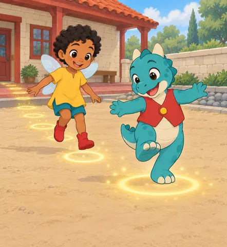 A big spot shines by Tavi's foot. Then more spots shine, one by one. “Here I go!” says Dex. He hops onto the first spot…