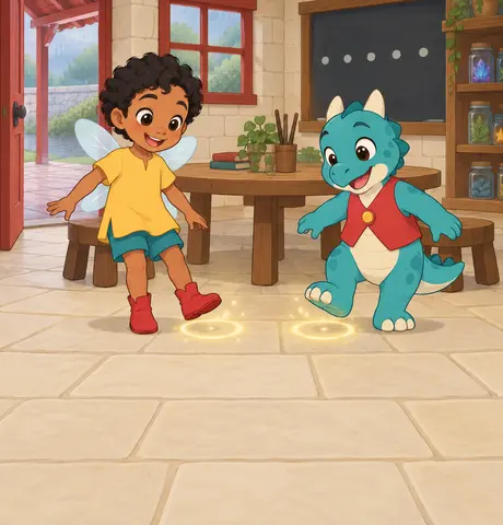 Tavi and Dex go to spell school. They can make spots with a tap. Tap! Tavi makes a spot. Tap! Dex makes one, too. Both…